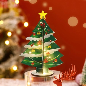 DIY Wooden Christmas Tree Tabletop Ornament With LED Light String Festive Party Desktop Decoration Holiday Gift