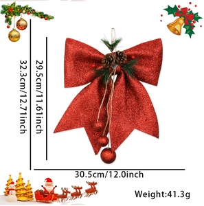 Grande fiocco natalizio rosso glitterato con dimensioni di 32,3 cm per 30,5 cm