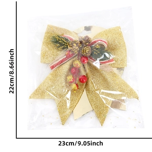 Golden Christmas bow with pine cones and red berries for tree decoration 23x22cm