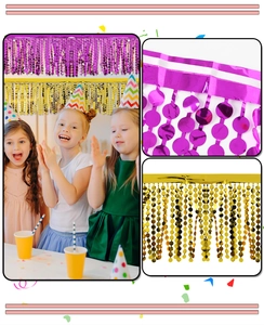 Detail of round sequin fringe curtains in gold and purple for festive party backdrops