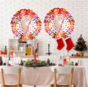 Hanging honeycomb paper decorations with Santa Claus and stars for Christmas party decor