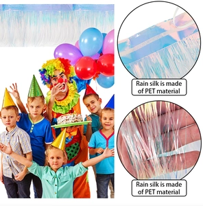 Close-up of PET iridescent blue tinsel curtain backdrop for children birthday parties