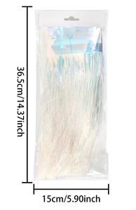 Iridescent fringe curtain in retail packaging with dimensions 36.5cm by 15cm