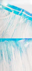Close-up of iridescent tinsel fringe curtain showing PET texture and top adhesive tape