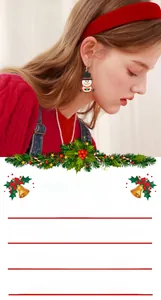 Felt snowman earrings detail showing festive model wear and product size specifications