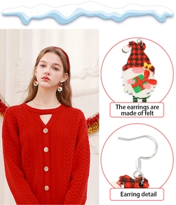 Detailed close-up of handmade felt Christmas gnome earrings with festive red plaid hats