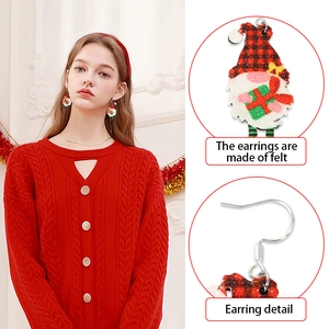 Christmas gnome felt earrings with red plaid hat and gift box on silver hooks