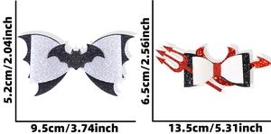 Detailed dimensions of Halloween bow clips featuring bat and devil horn designs