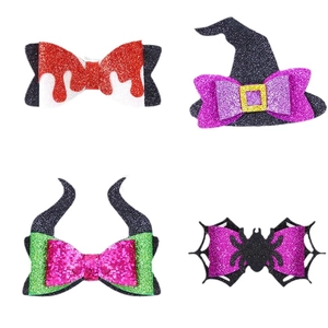Halloween glitter hair clips set featuring witch hat, bat, horns and spider bows