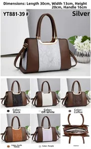 Detailed view of color-block PU leather handbag with snake print and 30x13x20cm size guide