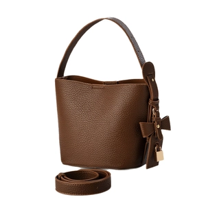 Dark brown leather bucket bag with litchi texture, golden padlock, and shoulder strap