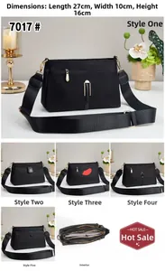 Detailed views of a black nylon crossbody bag showing 27x10x16cm size and multi-compartments