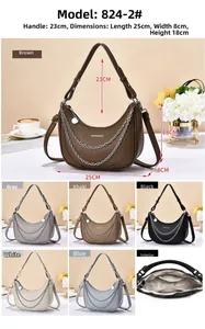 Detail view of leather hobo bag dimensions and multi-color options with chain strap
