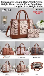 Detail view of large cherry print tote bag set with dimensions and interior pocket layout