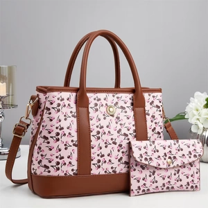Pink cherry print tote bag and clutch set with brown leather handles and shoulder strap