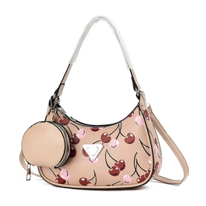 Sac à bandoulière beige en forme de croissant avec imprimé cerise et porte-monnaie