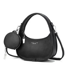 Sac Hobo Croissant Femme Cuir PU Texture Litchi Avec Petit Porte Monnaie Rond Bandoulière Amovible Mode Épaule Crossbody