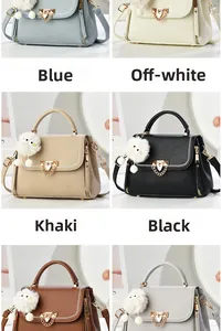 Detail view of stylish small square bags featuring metal buckles and plush charms in six colors