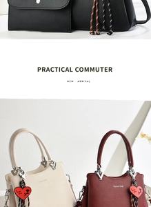 Detail of lychee textured leather bags in black, beige and burgundy with heart charms