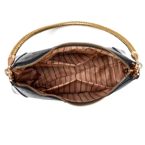 Interior view of black crocodile pattern bag showing brown lining and storage compartments