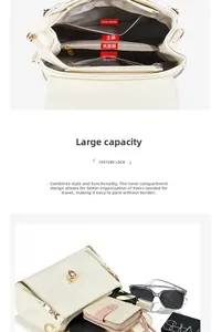 Detail view of white crossbody bag with five inner compartments and litchi texture