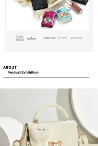 Detailed internal capacity view of white crossbody bag with gadgets and plush charm