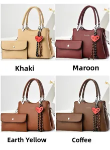 Close-up of four colors of litchi texture tote bags with heart charms and matching wallets