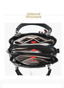 Internal structure of black textured leather bag showing multiple storage compartments