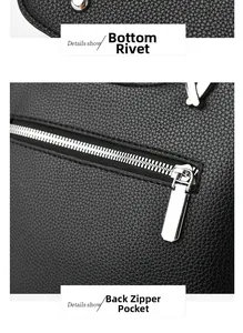 Macro detail of bottom metal rivets and back zipper pocket on black pebble leather bag
