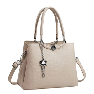 Stylish beige large-capacity crossbody handbag for women with floral metal charm