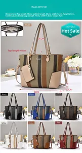 Detailed size chart for large color-block tote bag with dimensions and multi-color options