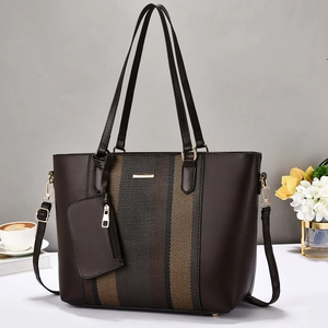 Grand Sac Fourre Tout En Simili Cuir Et Toile À Rayures Contrastées Sac À Main Avec Pochette Amovible Pour Femmes Quotidien