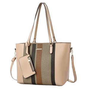 Sac cabas beige en cuir avec panneau en toile rayée et petit porte-monnaie amovible