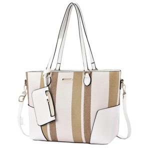 Large striped canvas tote bag set with white leather handles and detachable small pouch