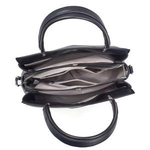 Top-down view of black leather handbag featuring two main compartments and silver zippers
