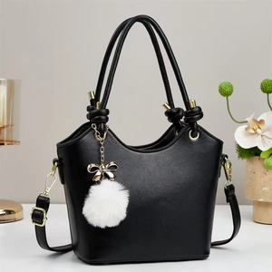 Women PU Leather Bucket Bag Elegant Handbag Crossbody Shoulder Purse With Gold Hardware And Bow Fur Ball Charm Daily