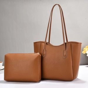 Brown litchi grain PU leather tote bag set with matching pouch and slender straps