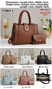 Detailed view of embossed tote set with internal compartments and small matching pouch