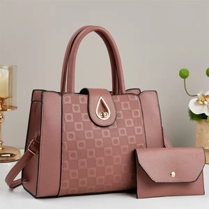 Pink 2-piece tote bag set with geometric embossed pattern and gold teardrop lock