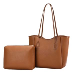 Brown lychee grain leather tote bag set with matching small zipper pouch and long handles