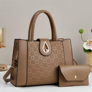 Brown litchi grain tote bag with relief pattern and matching envelope wallet set