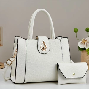 White lychee pattern wing tote bag set with golden drop twist lock and adjustable strap