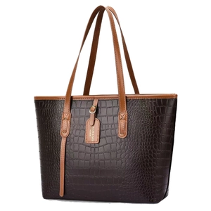 Large capacity tote bag in brown crocodile embossed leather for daily commuting