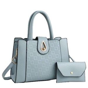 Light blue faux leather handbag set with litchi texture and gold twist lock closure