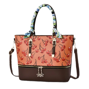 Sac à main tendance imprimé cerises orange et marron avec foulard en soie décoratif