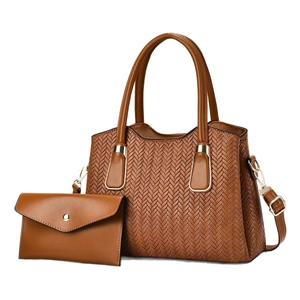 Sac fourre-tout à rayures avec pochette, marron caramel et texture de tissage en forme de V
