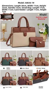 Detailed view of the 3-piece bag set with straw patchwork and pebbled PU leather texture
