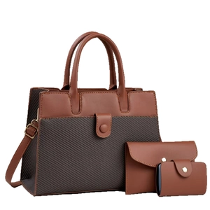 Three-piece women's brown leather and gray fabric tote bag set with wallet and card holder