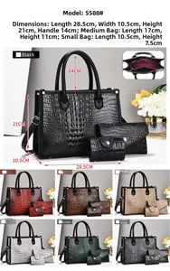 Three-piece luxury faux crocodile skin handbag set with detailed size dimensions