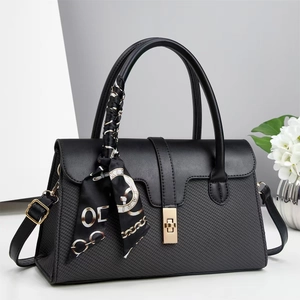 Women Spliced PU Leather Handbag With Silk Scarf Decor Elegant Shoulder Crossbody Bag Golden Metal Lock Fashion Pillow Bag Daily Purse